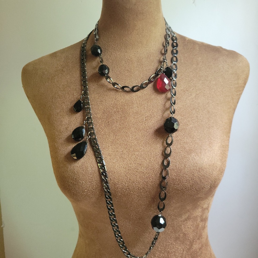 Gunmetal Multi Strand Long Layered Necklace Black Red Faceted Beads Whimsigoth